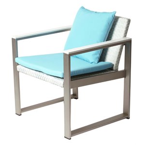 benjara anodized aluminum & rattan upholstered cushion chair in white/turquoise
