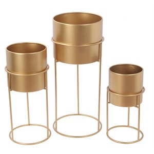 benjaza 3-piece round transitional metal planter with tubular base in gold