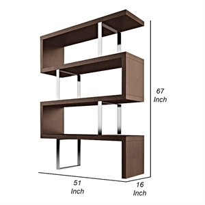 gina 67 inch modern bookshelf 4 tier alternating s shape brown and chrome