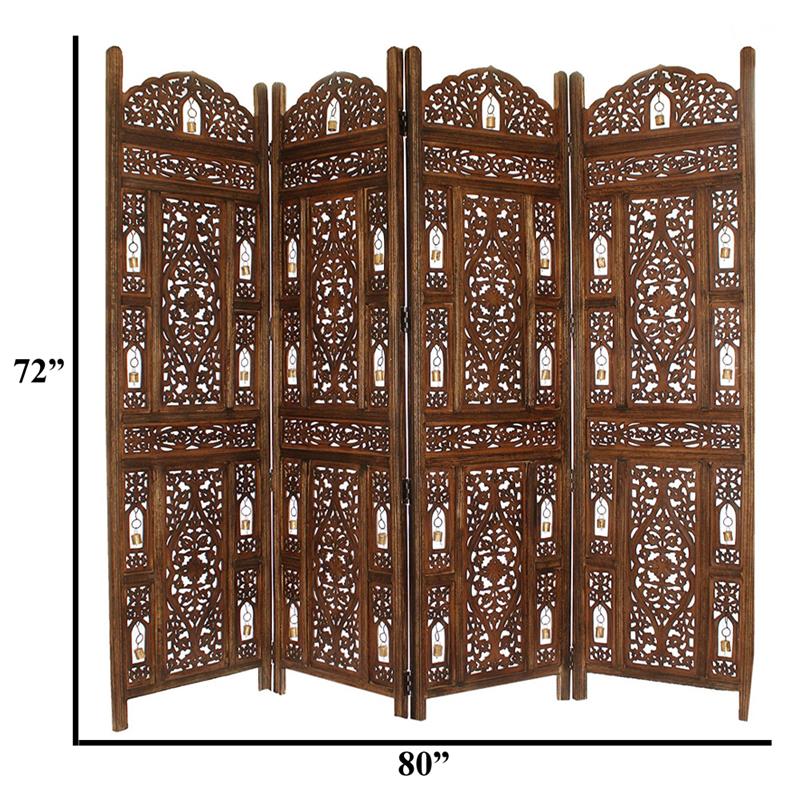 The Urban Port 4-Panel Wood Room Divider Screen with Tiny Bells in Brown