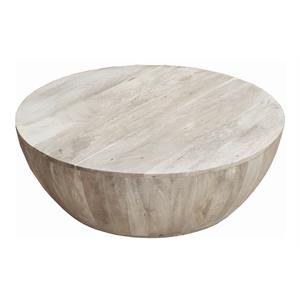 36 inch round mango wood coffee table-subtle grains-distressed white