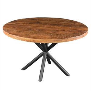 dining table solid wood round top with iron crisscrossed legs natural brown