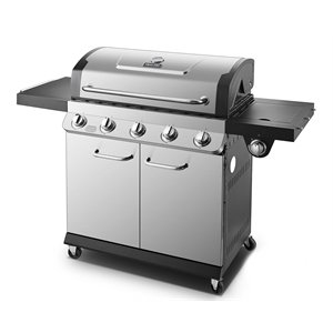 dyna-glo 5-burner stainless steel premier propane gas grill in silver finish
