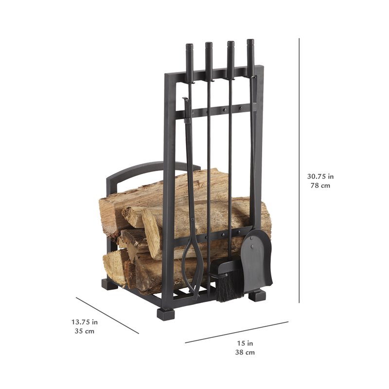 Pleasant Hearth Harper Transitional Metal Log Rack with Tools in Antique Black