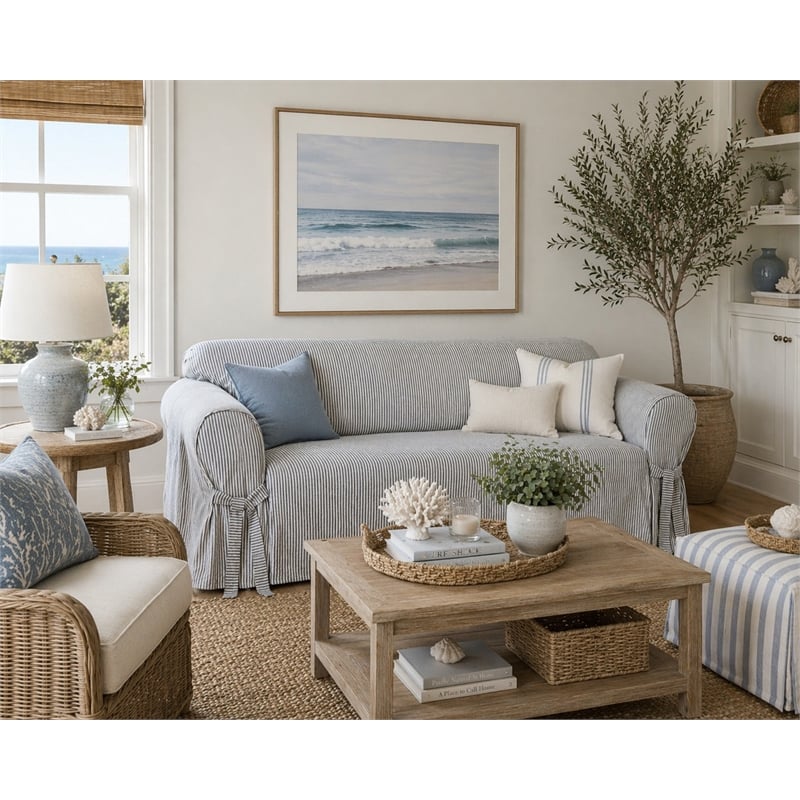 Cotton Twill One Piece Slipcover in Blue Stripe