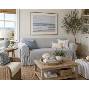 Cotton Twill One Piece Slipcover in Blue Stripe