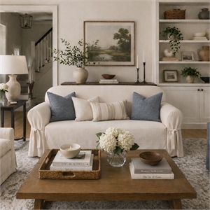 Cotton Twill One Piece Loveseat Slipcover in Natural