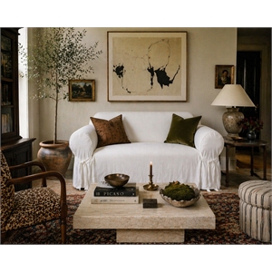 Cotton Twill One Piece Loveseat Slipcover in White