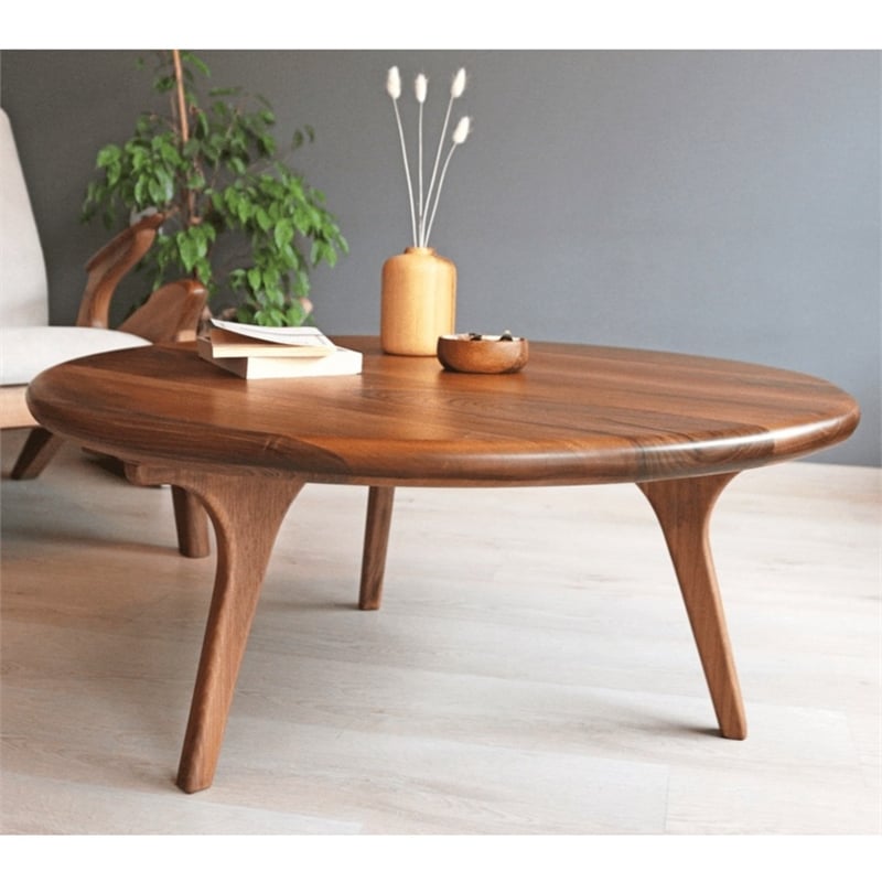 Aron Living Jasper Round Solid Wood Coffee Table in Walnut
