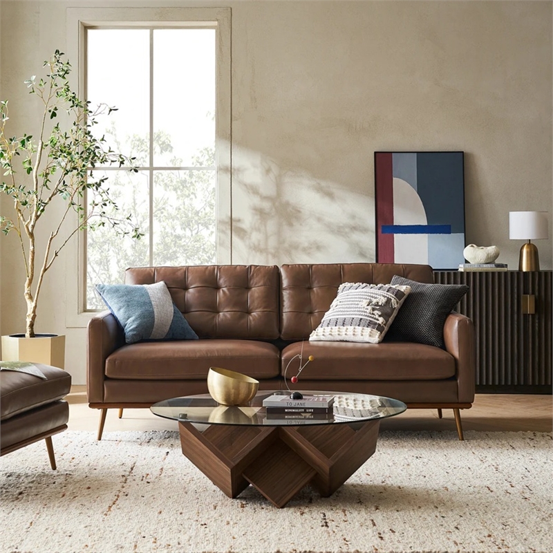 Aron Living Loft 7 Feet Mid-century Deep Seat Sofa in Tan Leather