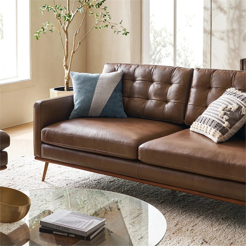 Aron Living Loft 7 Feet Mid-century Deep Seat Sofa in Tan Leather