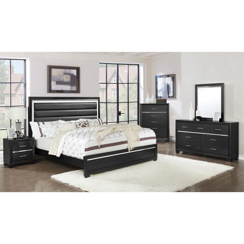 Bella Esprit 5-piece Wood/Faux Leather Bedroom Set with LED Lighting in Black
