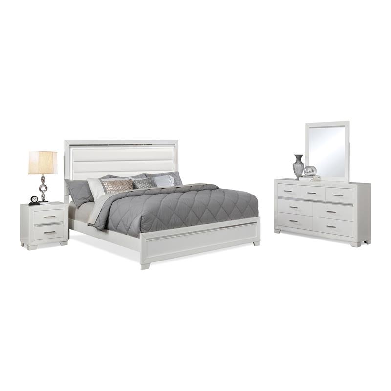 Bella Esprit 4-piece Wood/Faux Leather Bedroom Set with LED Lighting in White