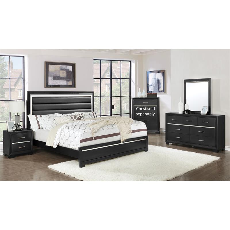 Bella Esprit 4-piece Wood/Faux Leather Bedroom Set with LED Lighting in Black