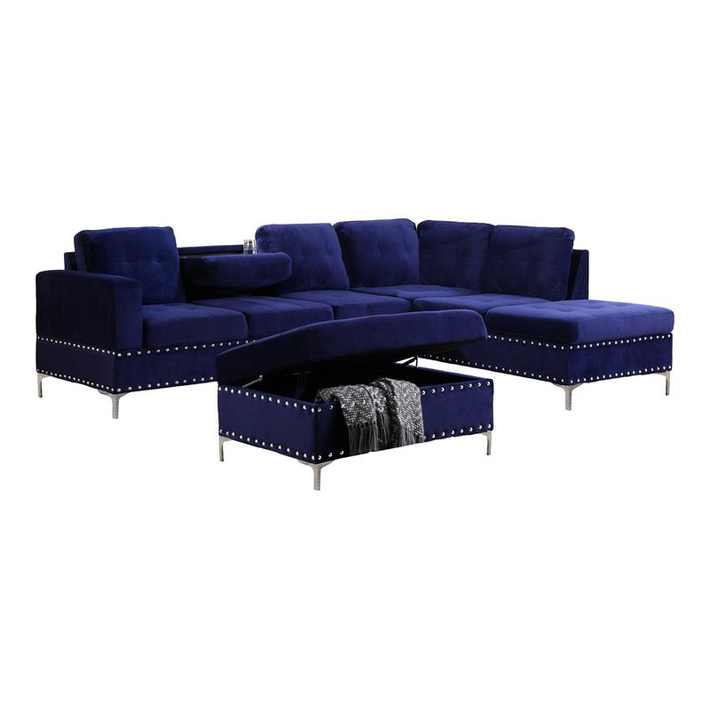 Bella Esprit Velvet Fabric Reversible Sectional with Storage Ottoman in Blue