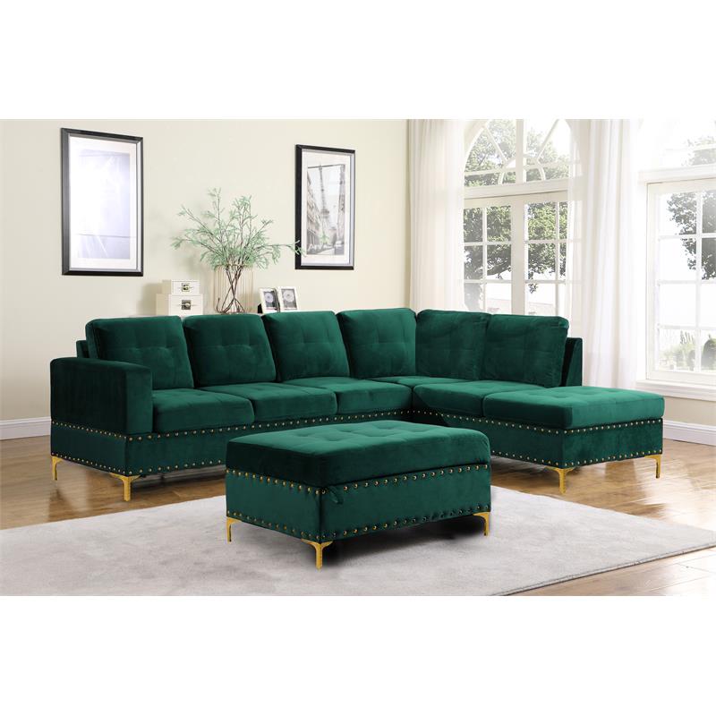 Bella Esprit Velvet Fabric Reversible Sectional with Storage Ottoman in Green