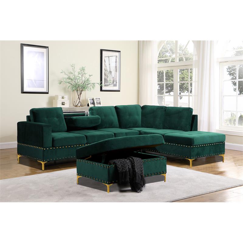 Bella Esprit Velvet Fabric Reversible Sectional with Storage Ottoman in Green
