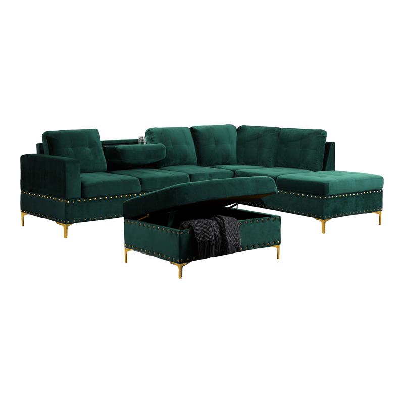 Bella Esprit Velvet Fabric Reversible Sectional with Storage Ottoman in Green