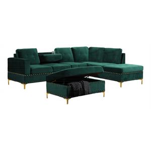Bella Esprit Velvet Fabric Reversible Sectional with Storage Ottoman in Green