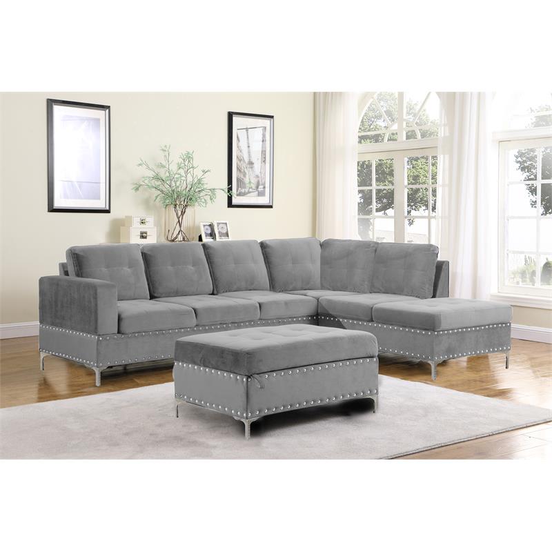 Bella Esprit Velvet Fabric Reversible Sectional with Storage Ottoman in Gray