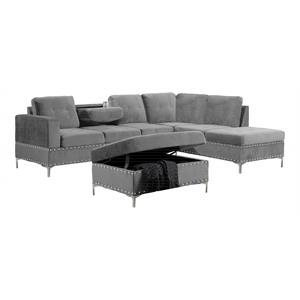 Bella Esprit Velvet Fabric Reversible Sectional with Storage Ottoman in Gray