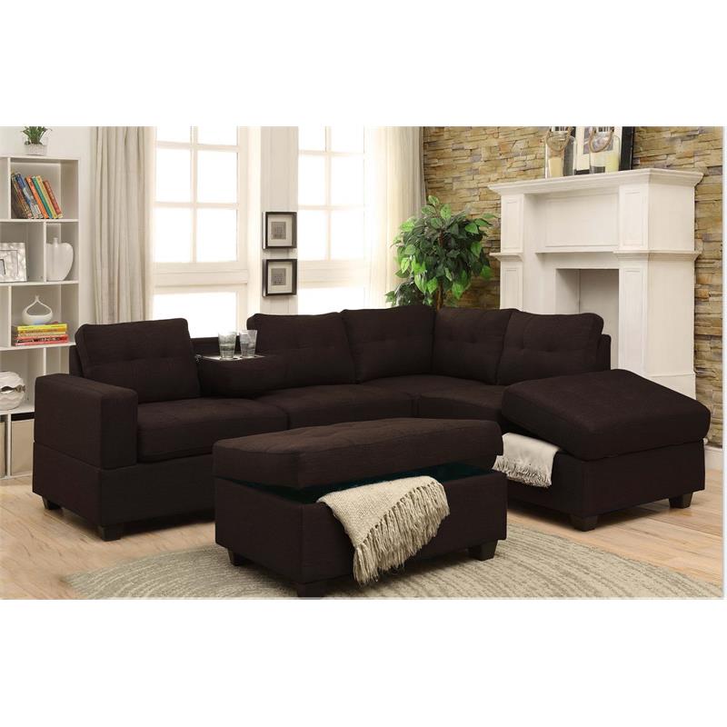 Bella Esprit Woven Fabric Reversible Sectional with Storage Ottoman in Chocolate