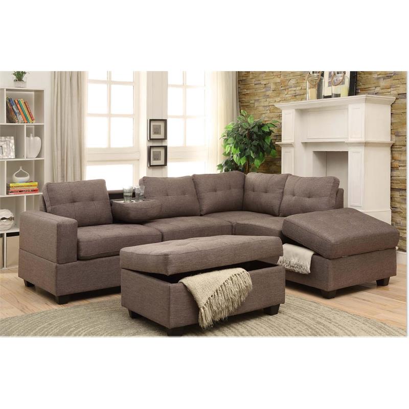 Bella Esprit Woven Fabric Reversible Sectional with Storage Ottoman in Stone
