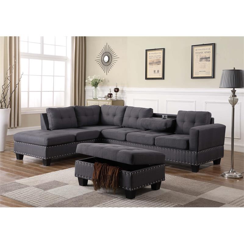 Bella Esprit Woven Fabric Reversible Sectional with Storage Ottoman in Dark Gray