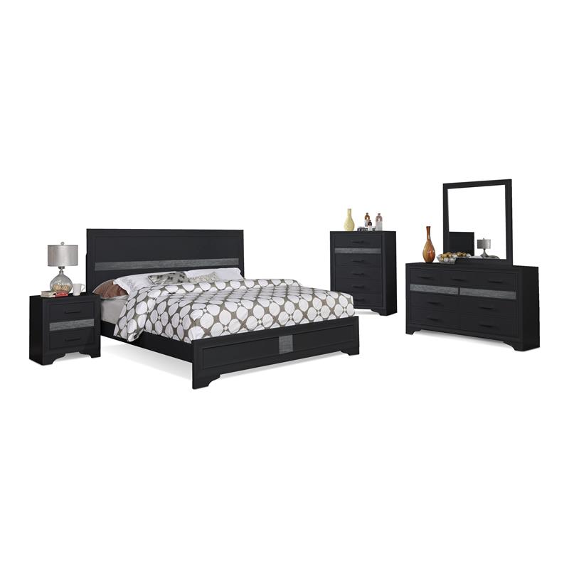 Bella Esprit 5-piece Contemporary Solid Wood Queen Bedroom Set in Black/Silver