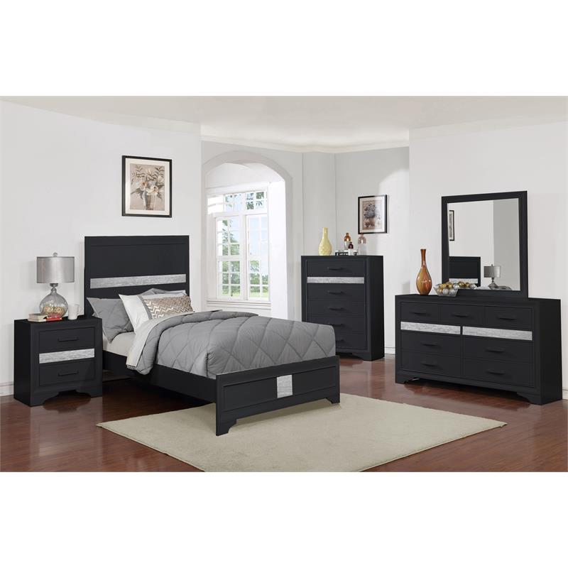 Bella Esprit 5-piece Contemporary Solid Wood Twin Bedroom Set in Black/Silver