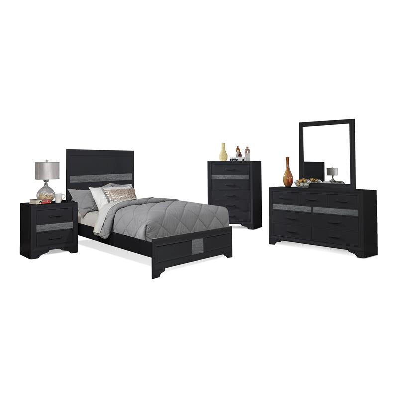 Bella Esprit 5-piece Contemporary Solid Wood Twin Bedroom Set in Black/Silver