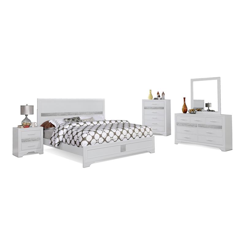 Bella Esprit 5-piece Contemporary Solid Wood Queen Bedroom Set in White/Silver
