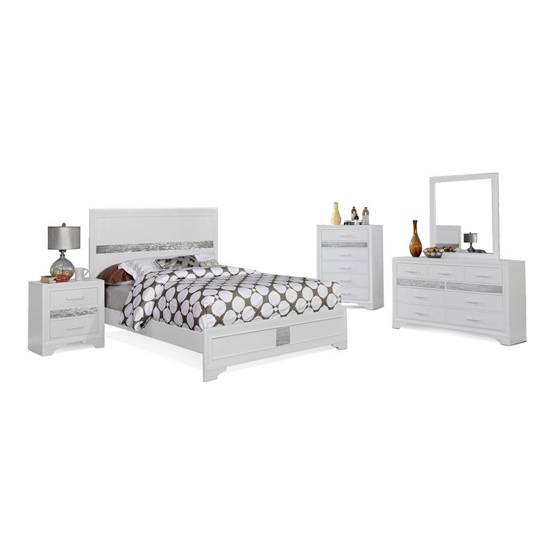 Bella Esprit 5-piece Contemporary Solid Wood Full Bedroom Set in White/Silver