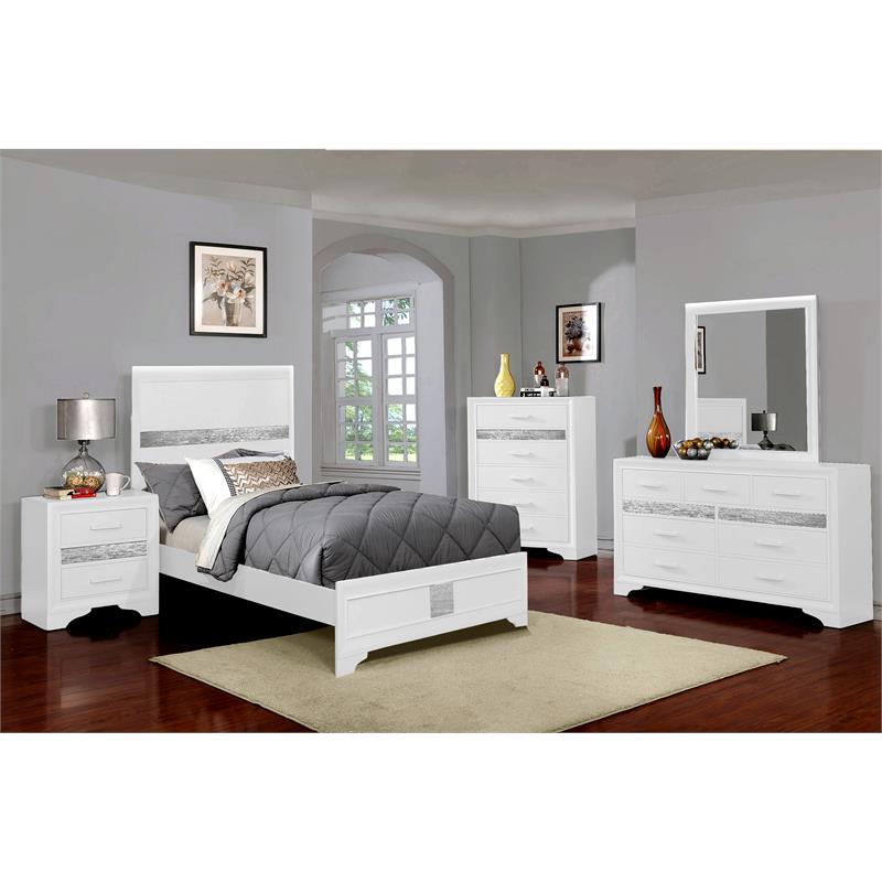 Bella Esprit 5-piece Contemporary Solid Wood Twin Bedroom Set in White/Silver