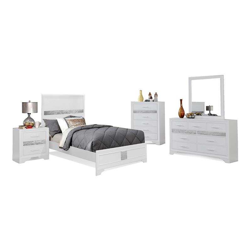 Bella Esprit 5-piece Contemporary Solid Wood Twin Bedroom Set in White/Silver