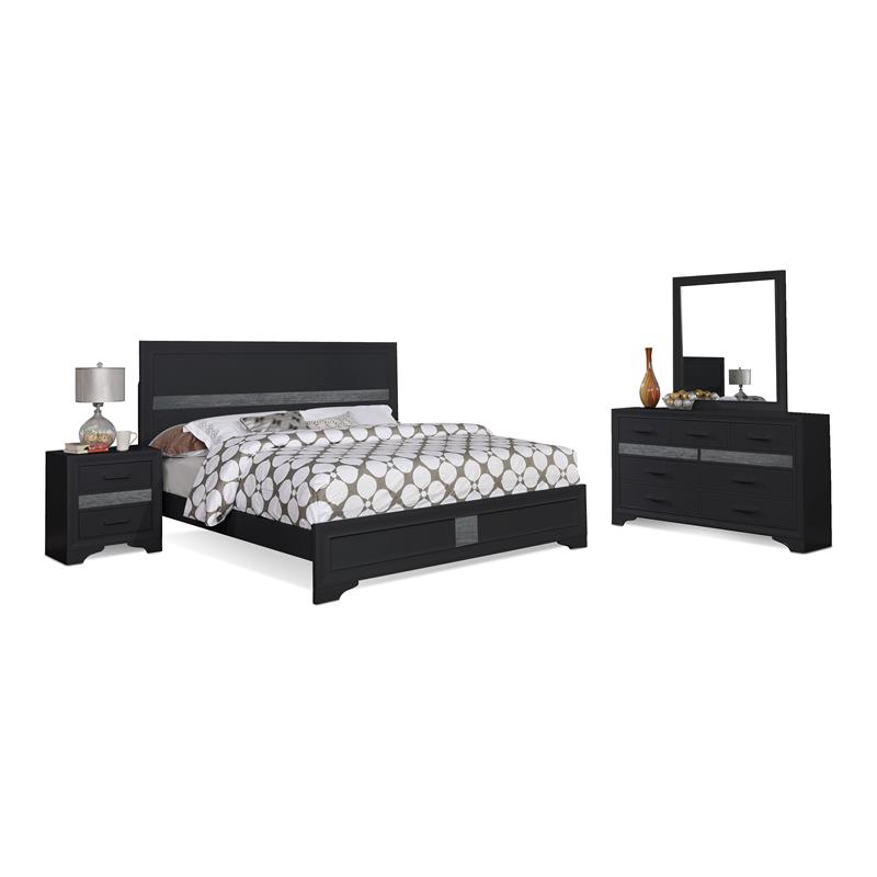 Bella Esprit 4-piece Contemporary Solid Wood Queen Bedroom Set in Black/Silver