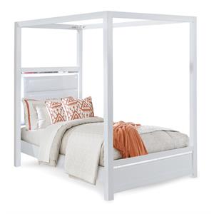 Bella Esprit Solid Wood/Faux Leather Twin Bed Canopy with LED Lighting in White