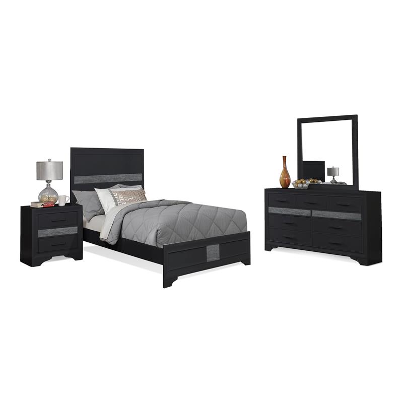 Bella Esprit 4-piece Contemporary Solid Wood Twin Bedroom Set in Black/Silver