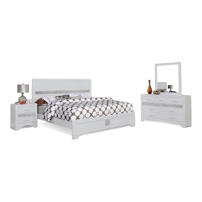 Bella Esprit 4-piece Contemporary Solid Wood Queen Bedroom Set in White/Silver