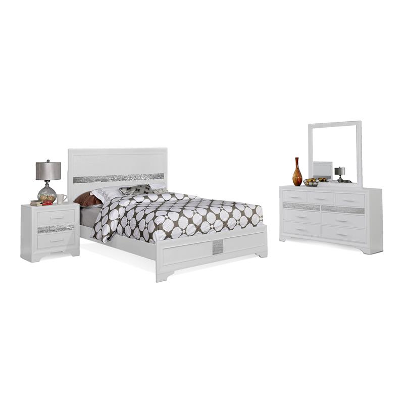 Bella Esprit 4-piece Contemporary Solid Wood Full Bedroom Set in White/Silver