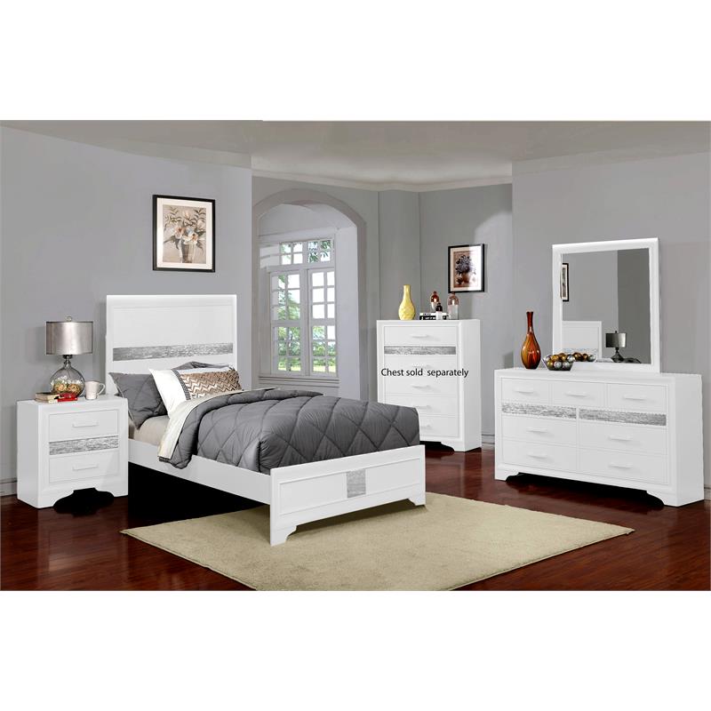 Bella Esprit 4-piece Contemporary Solid Wood Twin Bedroom Set in White/Silver