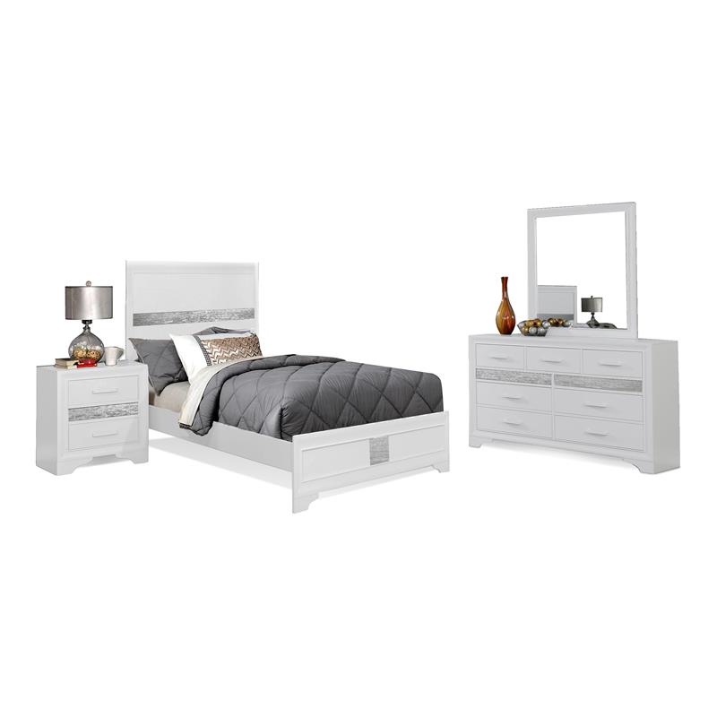 Bella Esprit 4-piece Contemporary Solid Wood Twin Bedroom Set in White/Silver