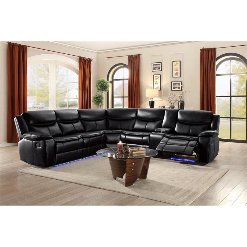 Bella Esprit Leather/ Solid Wood Motion Sectional with Two Recliners in Black