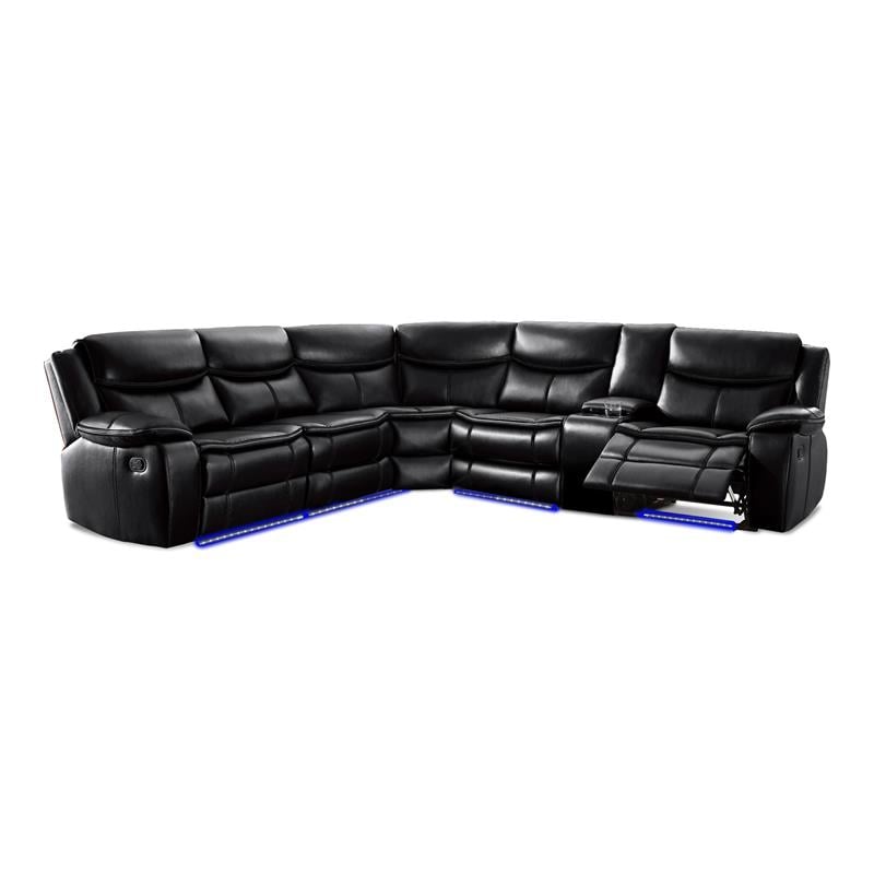 Bella Esprit Leather/ Solid Wood Motion Sectional with Two Recliners in Black