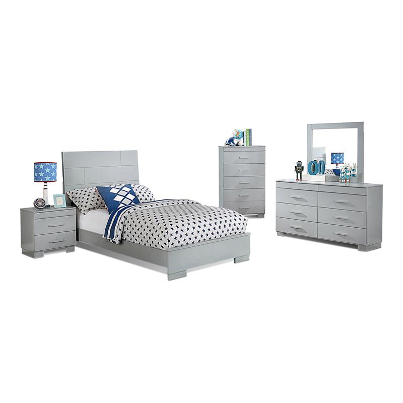 Bella Esprit 5-piece Contemporary Solid Wood Twin Bedroom Set in Glossy Gray