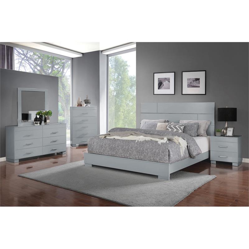 Bella Esprit 5-piece Contemporary Solid Wood Queen Bedroom Set in Glossy Gray