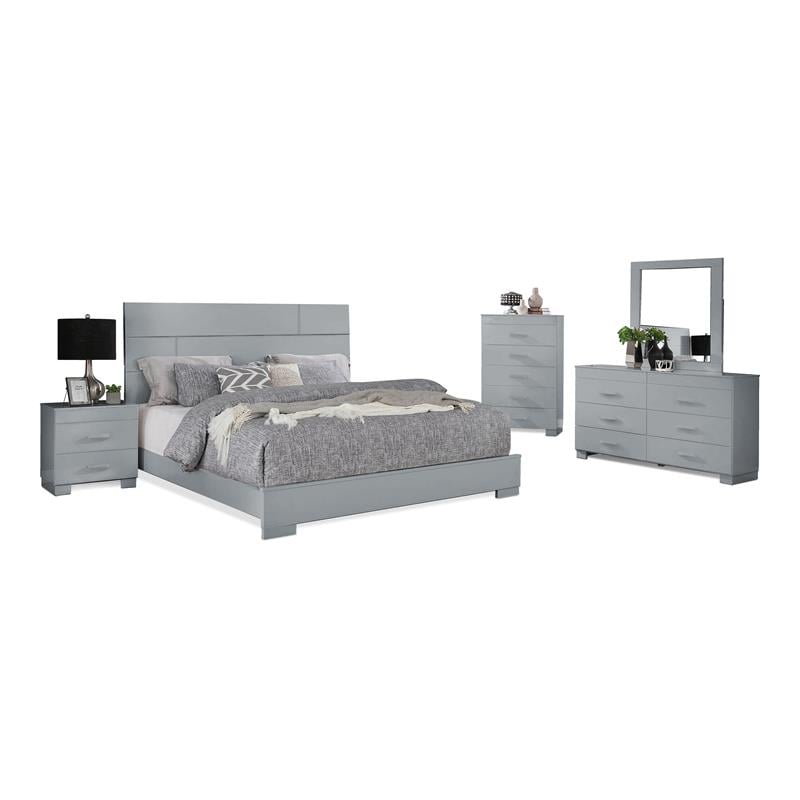 Bella Esprit 5-piece Contemporary Solid Wood Full Bedroom Set in Glossy Gray