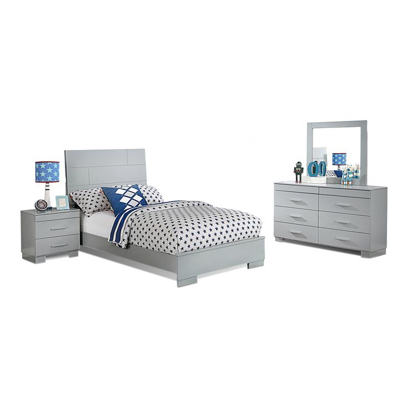Bella Esprit 4-piece Contemporary Solid Wood Twin Bedroom Set in Glossy Gray