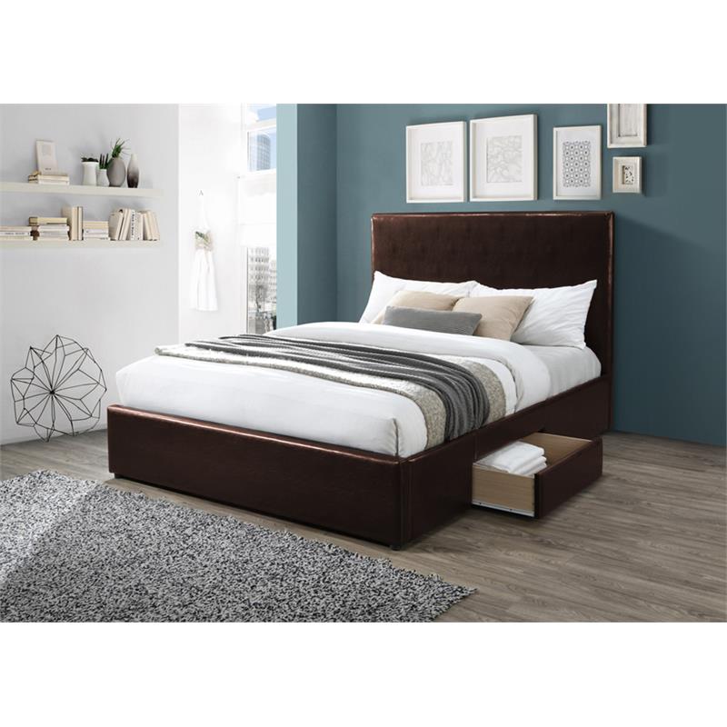 Bella Esprit Modern Solid Wood/Faux Leather Upholstered Queen Bed in Brown
