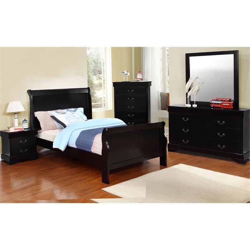 Bella Esprit 5-piece Traditional Solid Wood Twin Sleigh Bedroom Set in Black